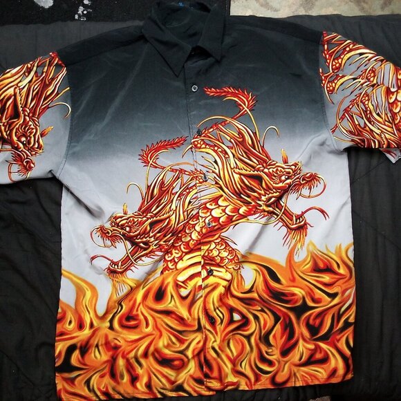 Vintage Y2K MT:2 Dragons Flames AOP Button Shirt - Picture 2 of 5